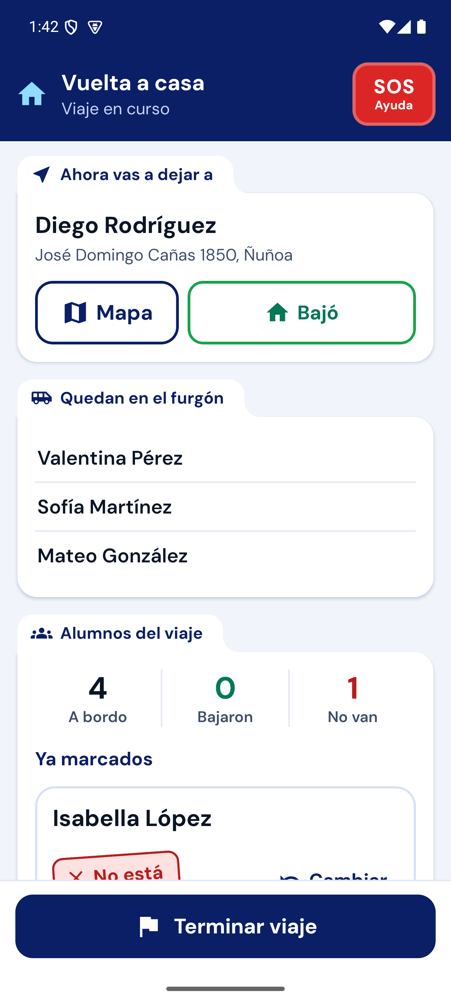 App del conductor: viaje en curso con el check-in de los alumnos